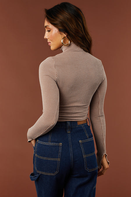 Mocha Ribbed Two Tone Lettuce Trim Crop Top