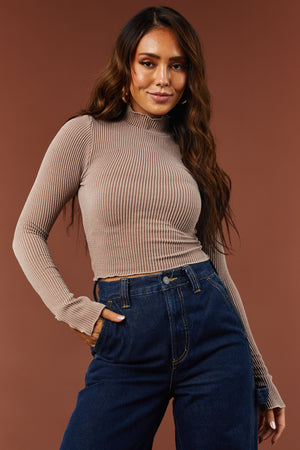 Mocha Ribbed Two Tone Lettuce Trim Crop Top