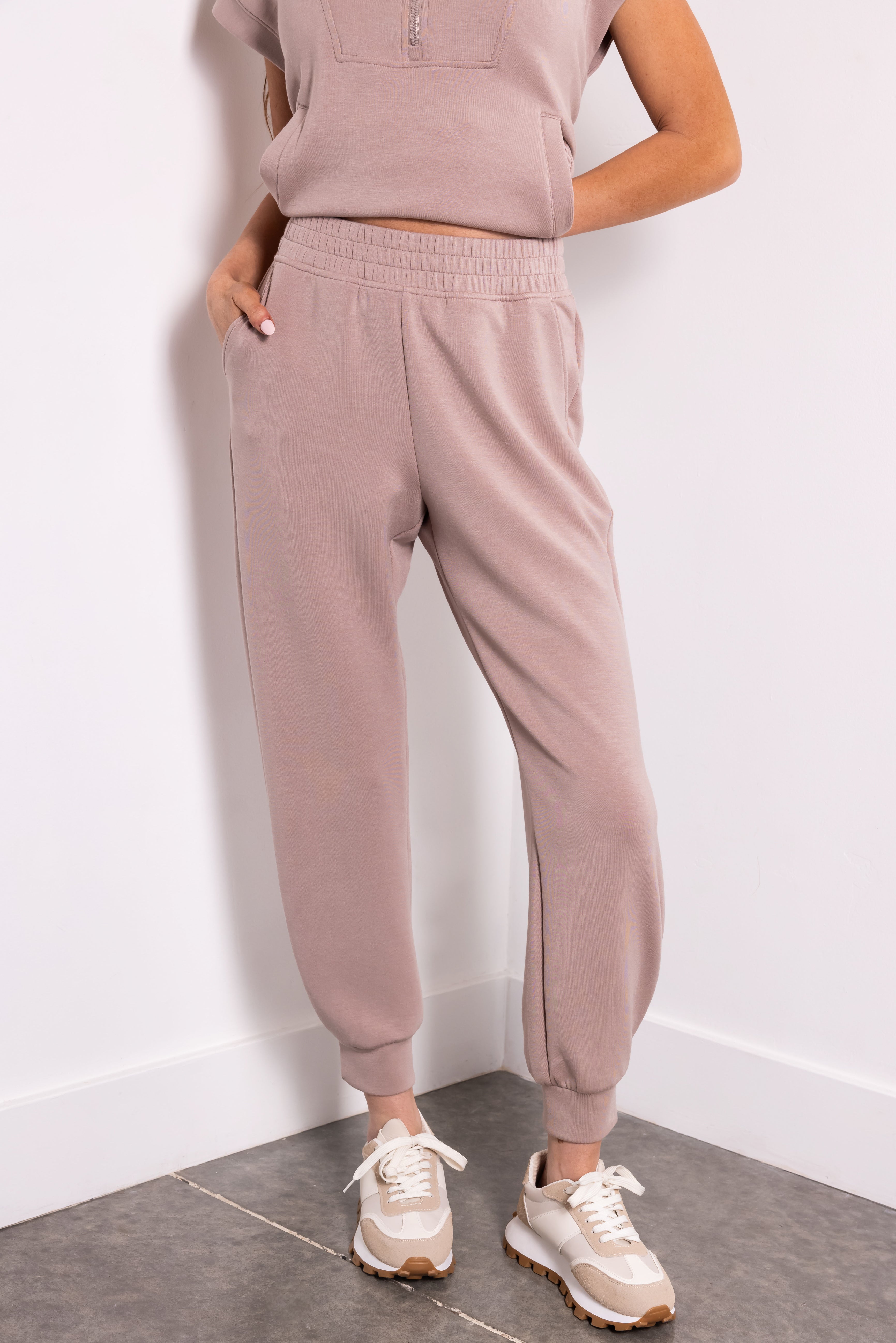 Mocha Smocked Waistband Soft Knit Joggers