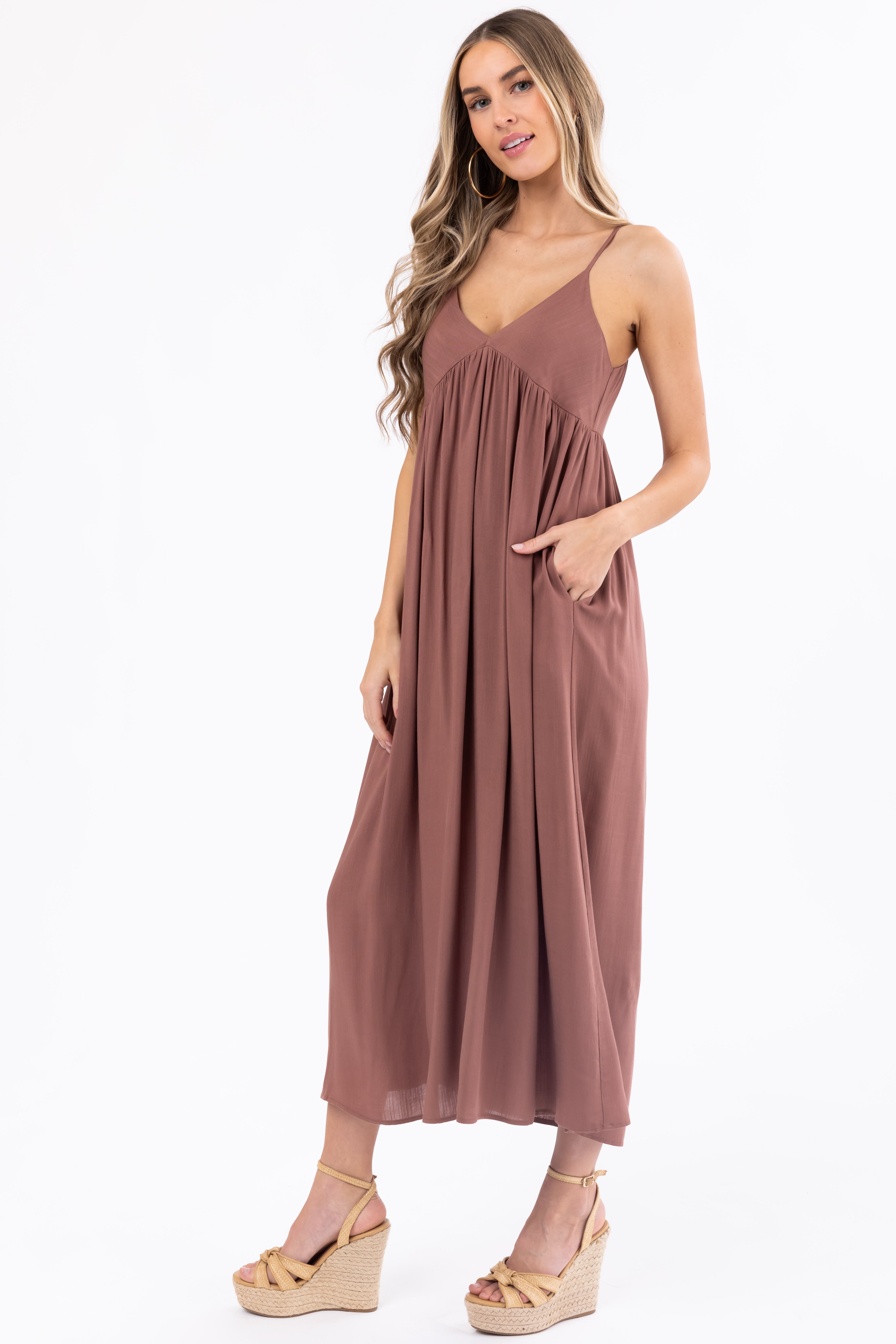 Mocha Woven Strapless Flowy Midi Dress