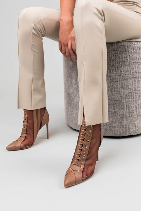 Mocha Sheer Mesh Lace Up Stiletto Booties