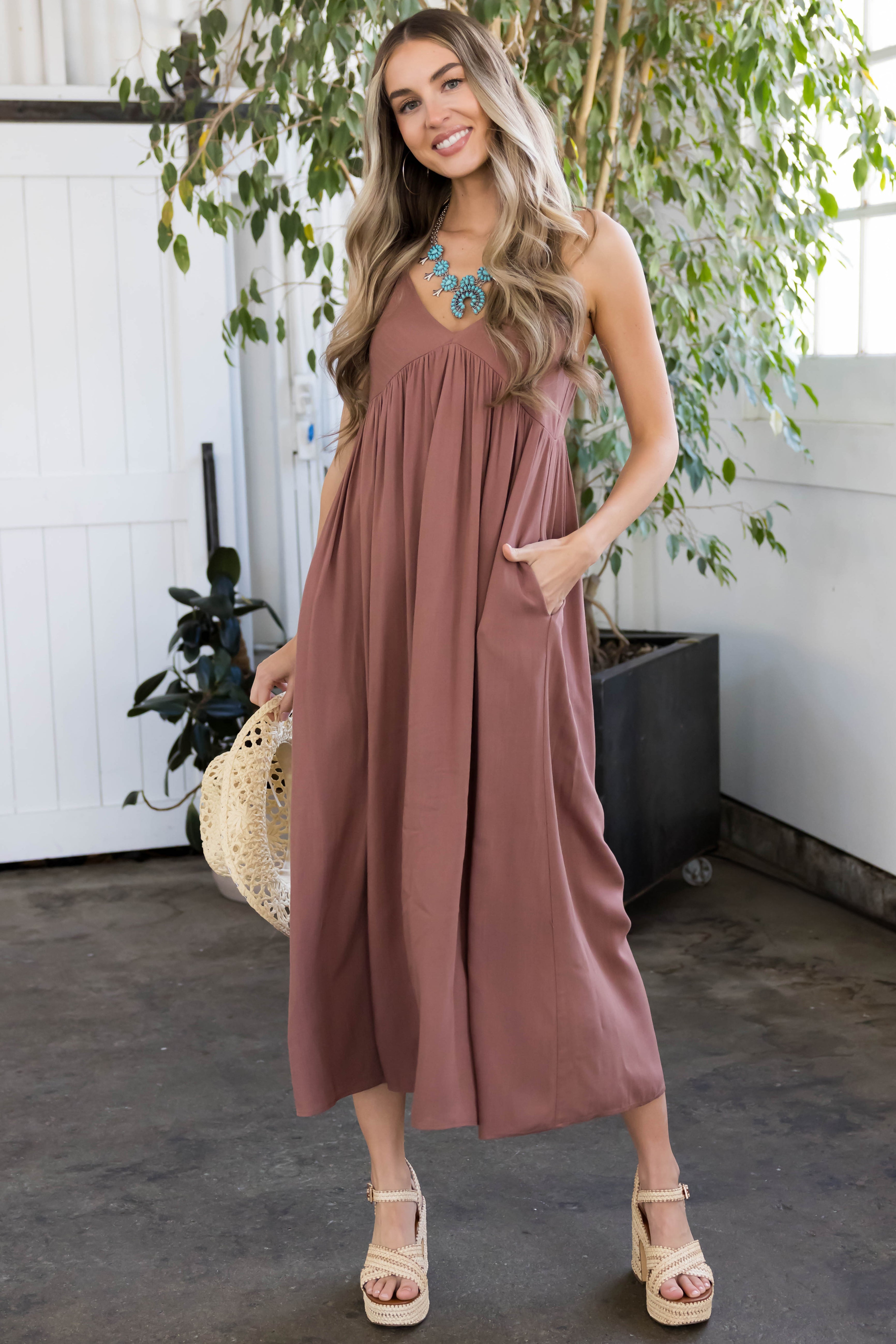 Mocha Woven Strapless Flowy Midi Dress