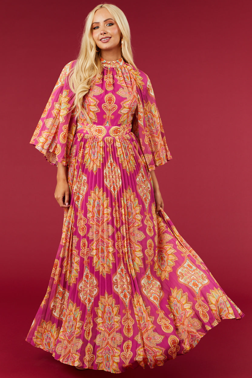 Mulberry Paisley Print Pleated Woven Maxi Dress