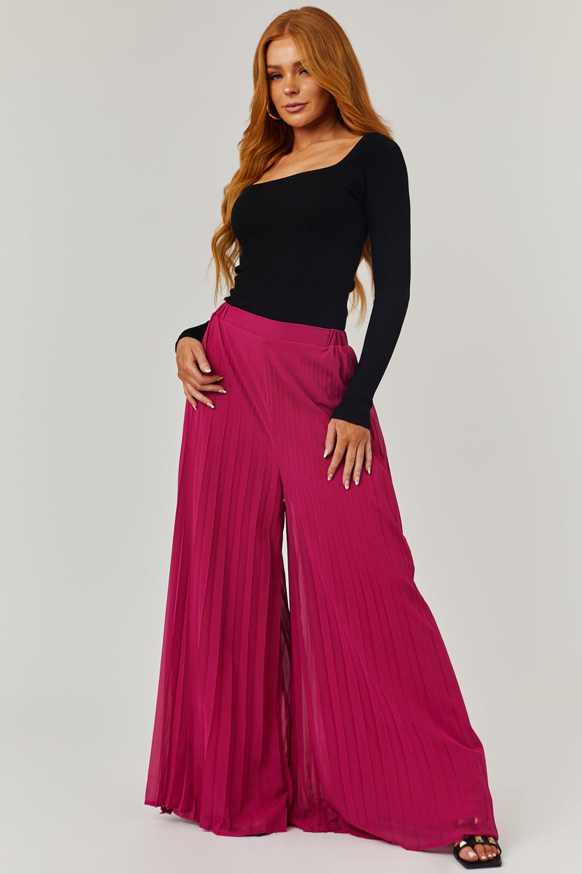 Mulberry Pleated Chiffon High Rise Wide Leg Pants