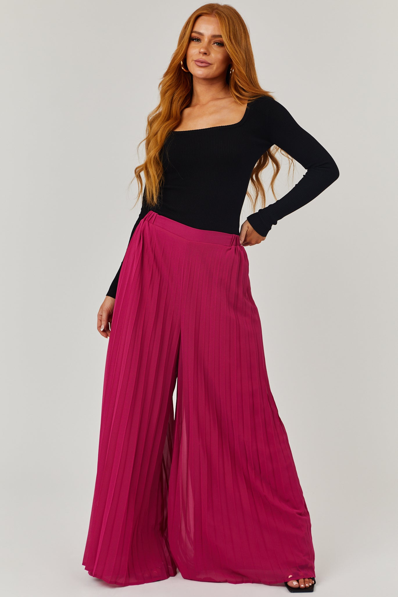 Mulberry Pleated Chiffon High Rise Wide Leg Pants