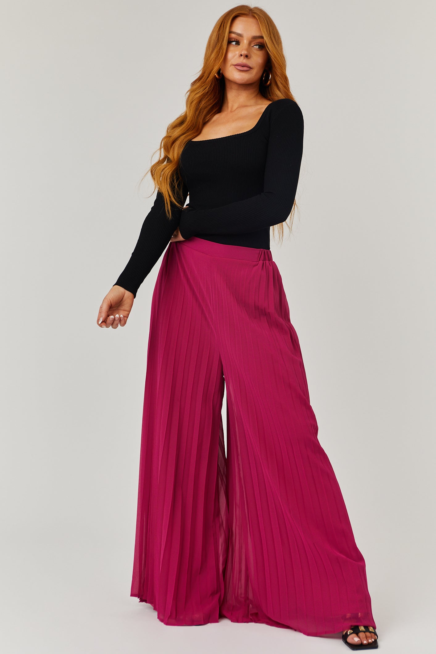 Mulberry Pleated Chiffon High Rise Wide Leg Pants