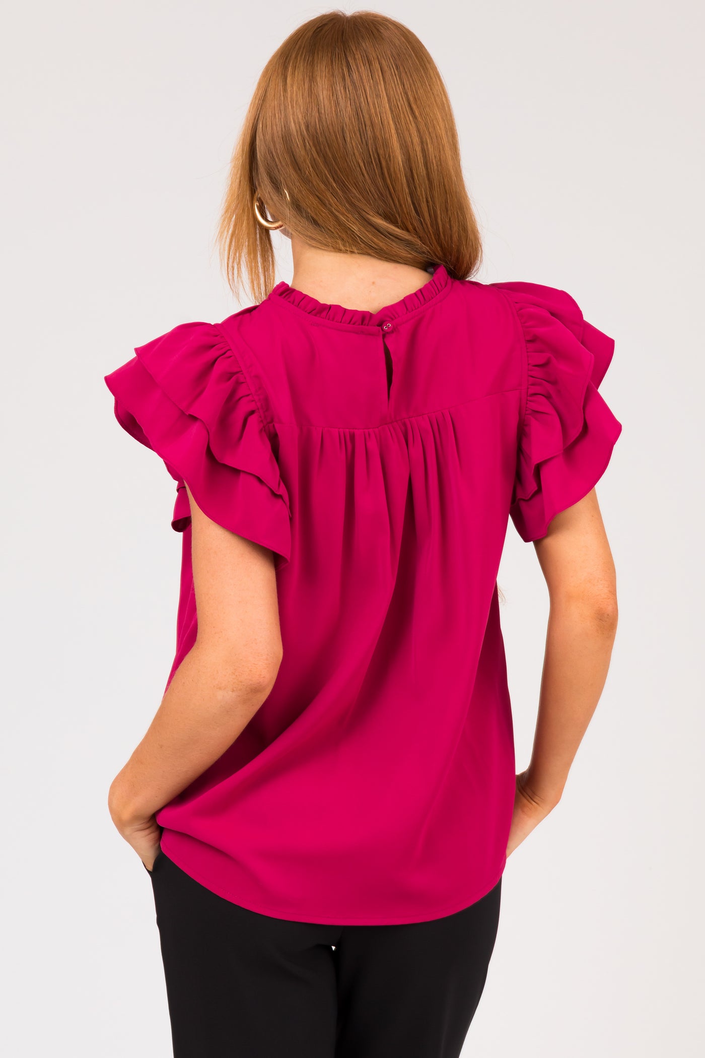 Mulberry Pleated Yoke Ruffle Sleeve Blouse