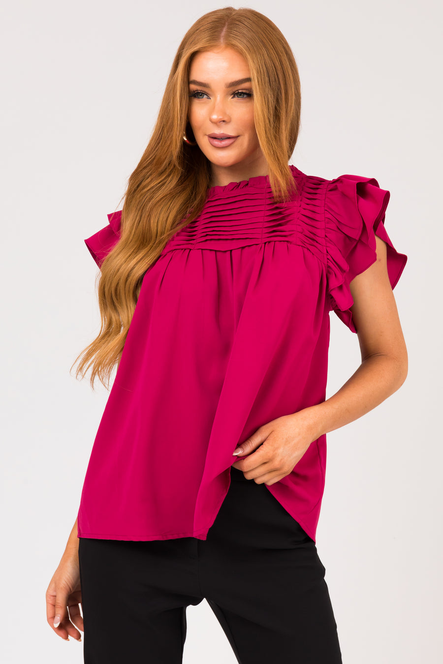 Mulberry Pleated Yoke Ruffle Sleeve Blouse