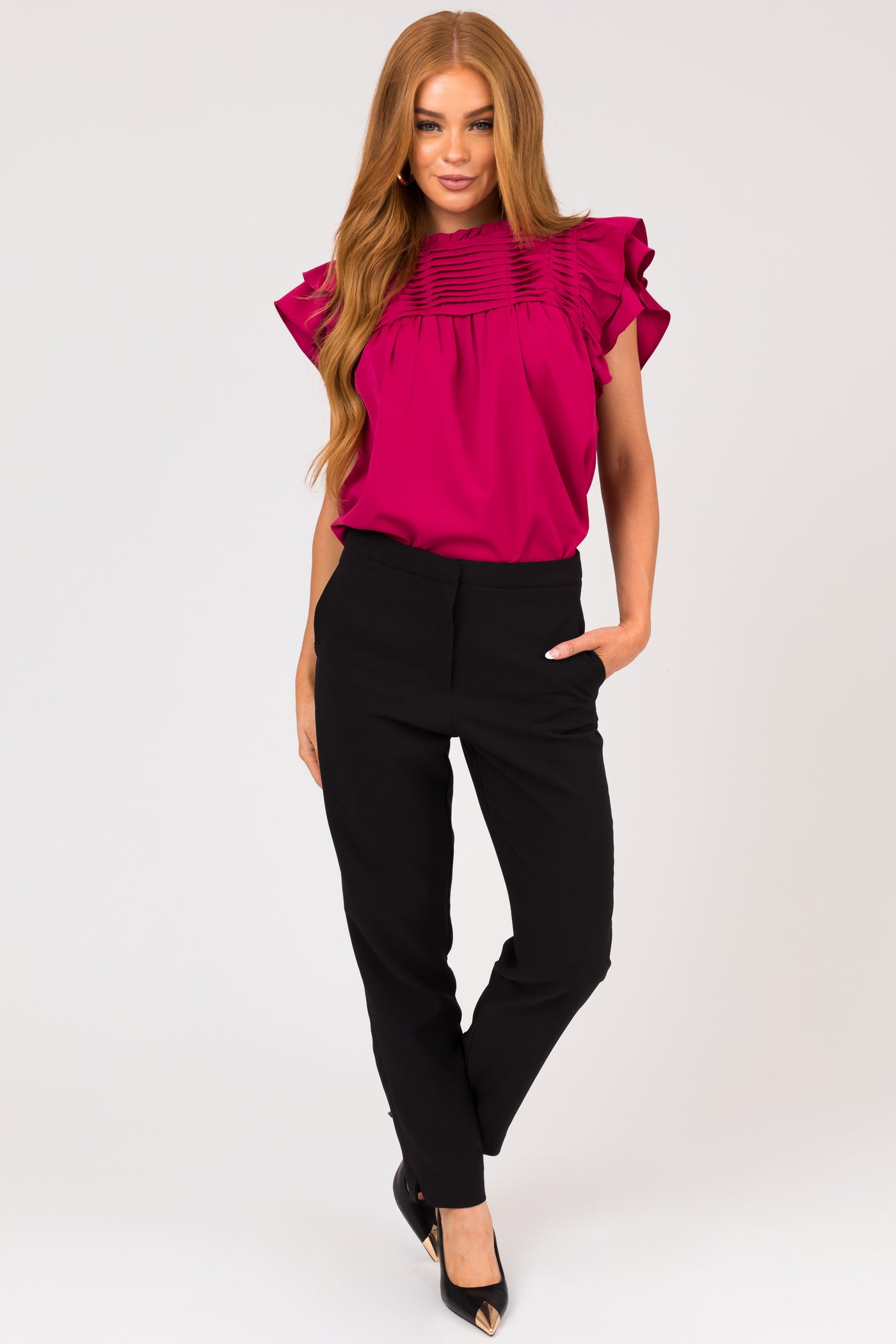 Mulberry Pleated Yoke Ruffle Sleeve Blouse