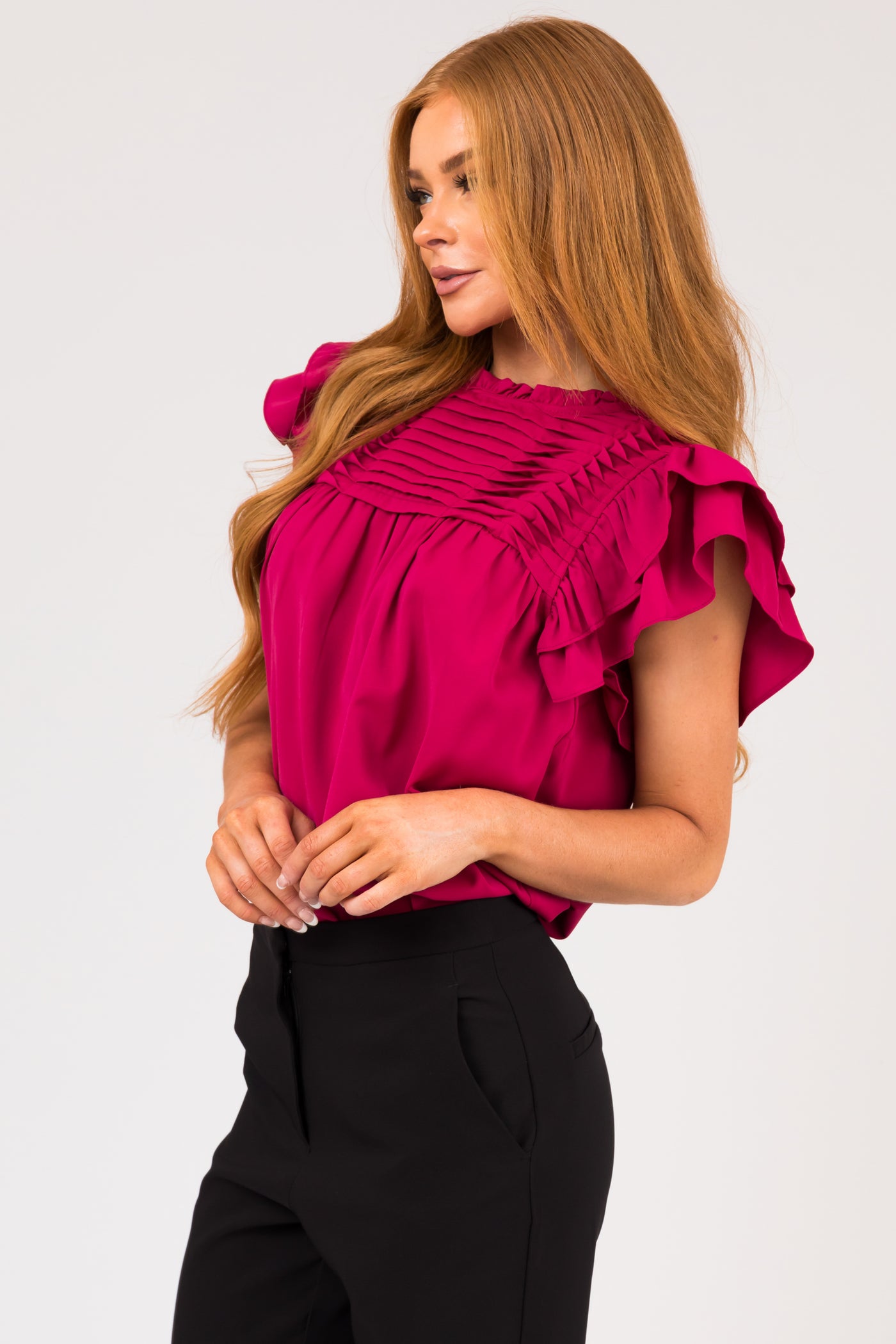 Mulberry Pleated Yoke Ruffle Sleeve Blouse