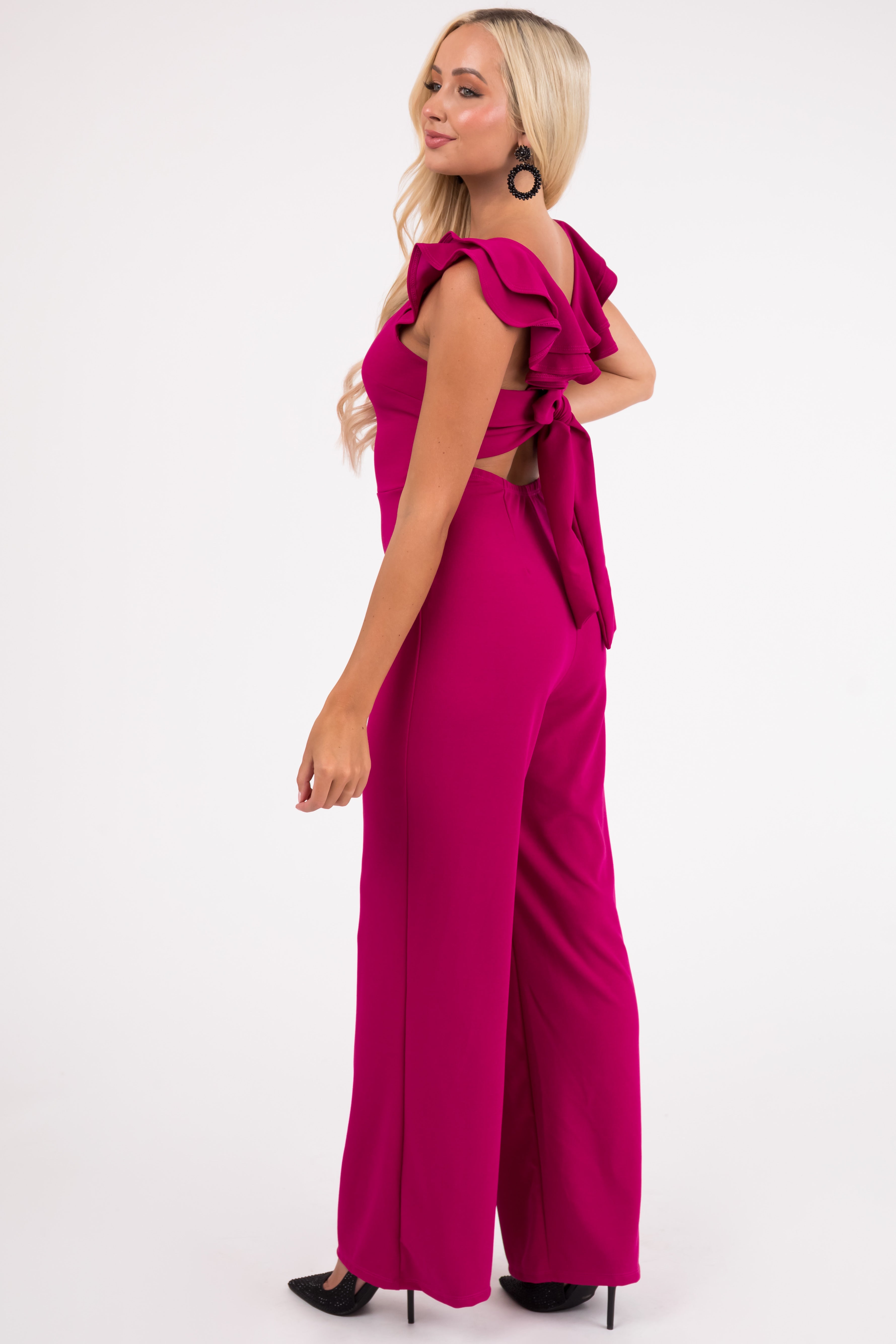 Mulberry Ruffle Cap Sleeve Open Tie Back Jumpsuit