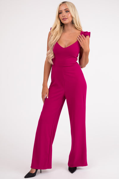 Mulberry Ruffle Cap Sleeve Open Tie Back Jumpsuit