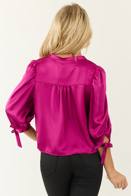 Mulberry Satin 3/4 Sleeve Button Down Blouse