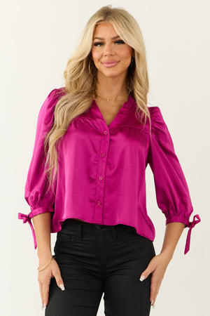 Mulberry Satin 3/4 Sleeve Button Down Blouse