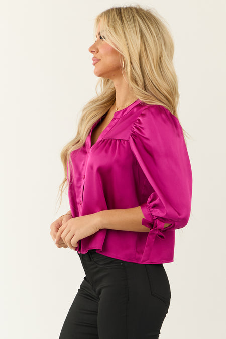 Mulberry Satin 3/4 Sleeve Button Down Blouse