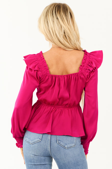 Mulberry Satin Smocked Ruffle Peplum Square Neck Blouse