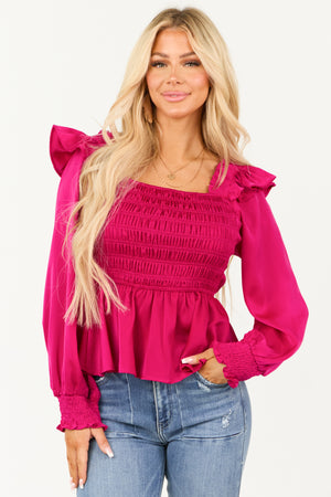 Mulberry Satin Smocked Ruffle Peplum Square Neck Blouse