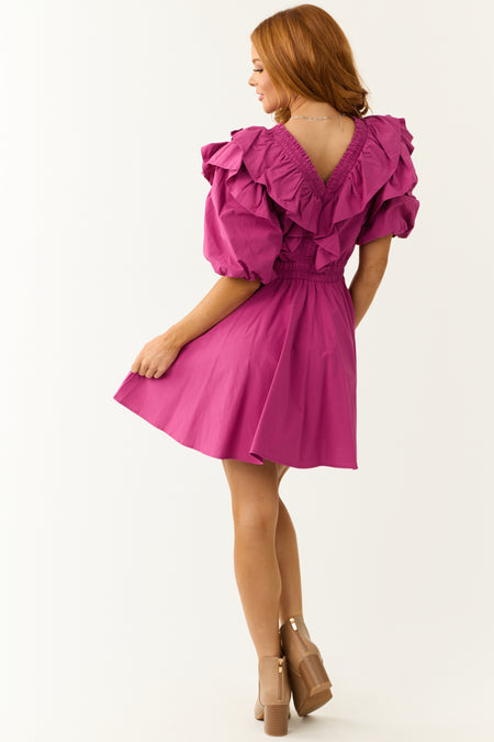 Mulberry V Neck Ruffled Neckline Short Dress