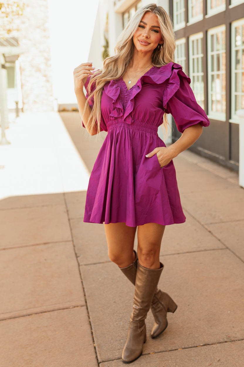 Mulberry V Neck Ruffled Neckline Short Dress