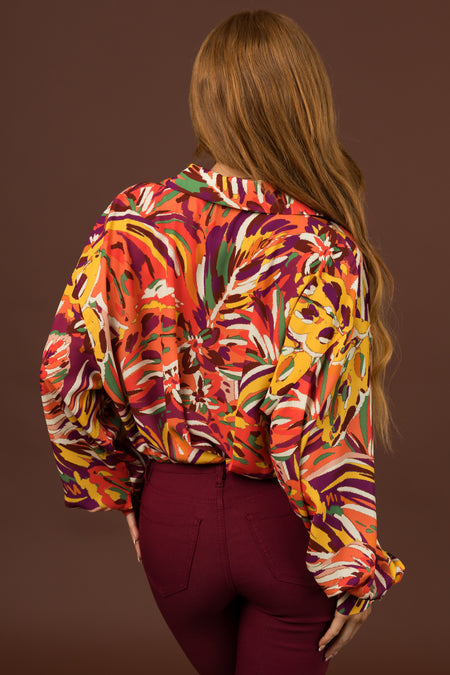 Multicolor Abstract Long Sleeve Button Blouse