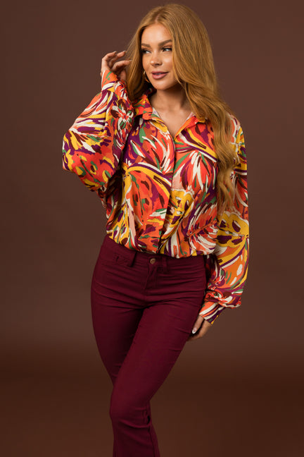 Multicolor Abstract Long Sleeve Button Blouse