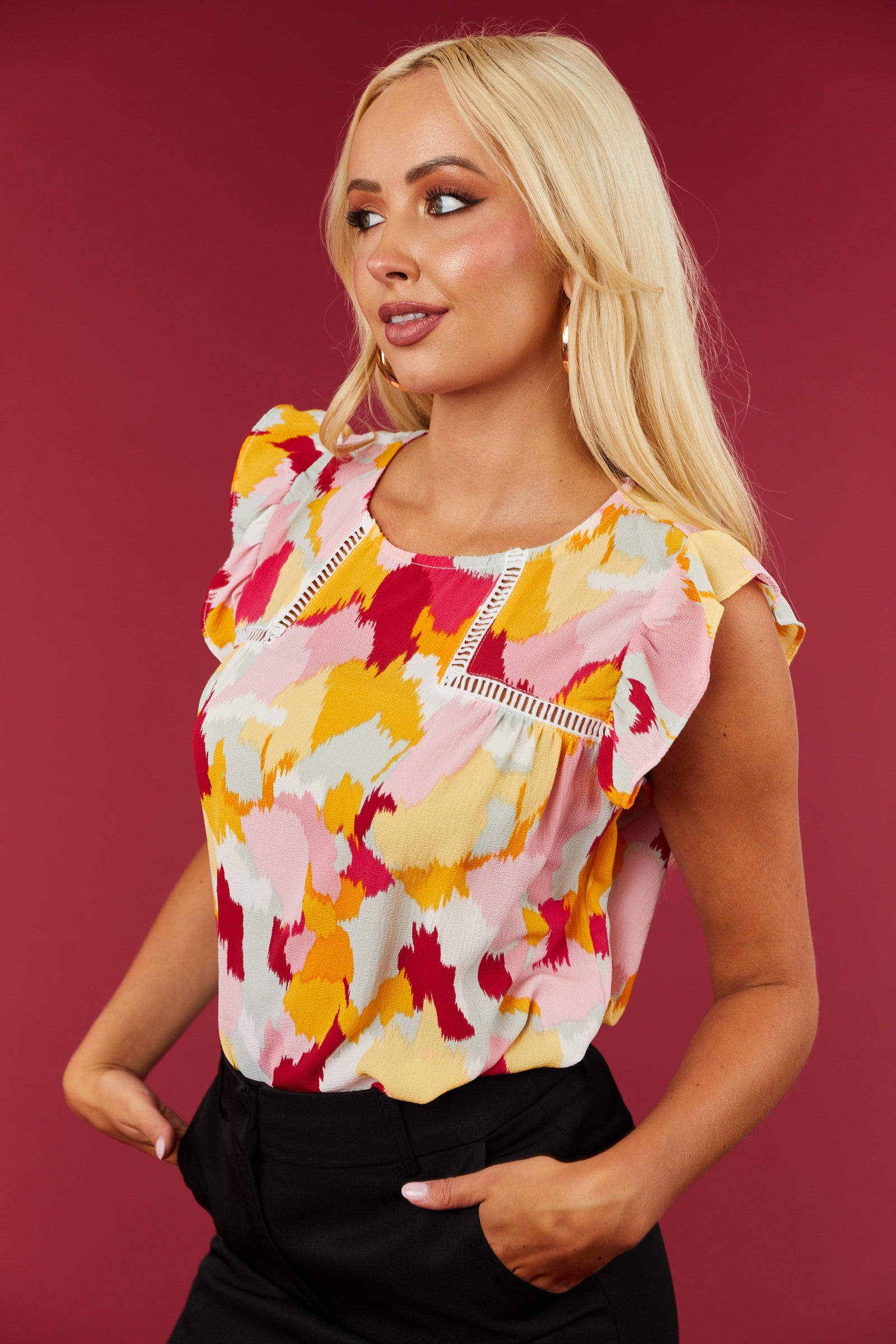 Multicolor Abstract Print Ruffle Sleeve Top