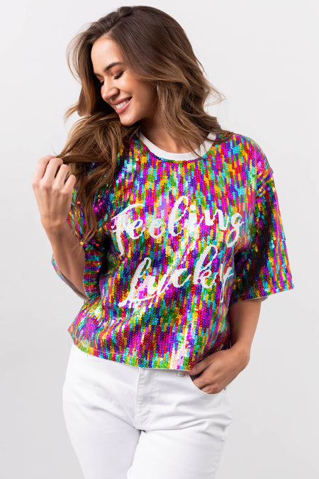 Multicolor 'Feeling Lucky' Sequined Top