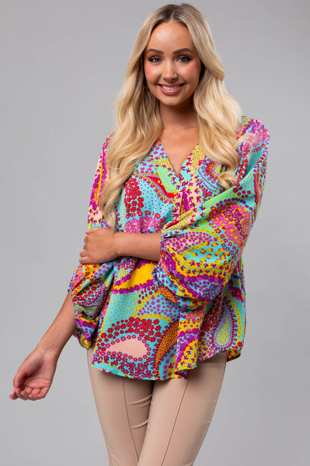 Multicolor Paisley Print Puff Sleeve Blouse