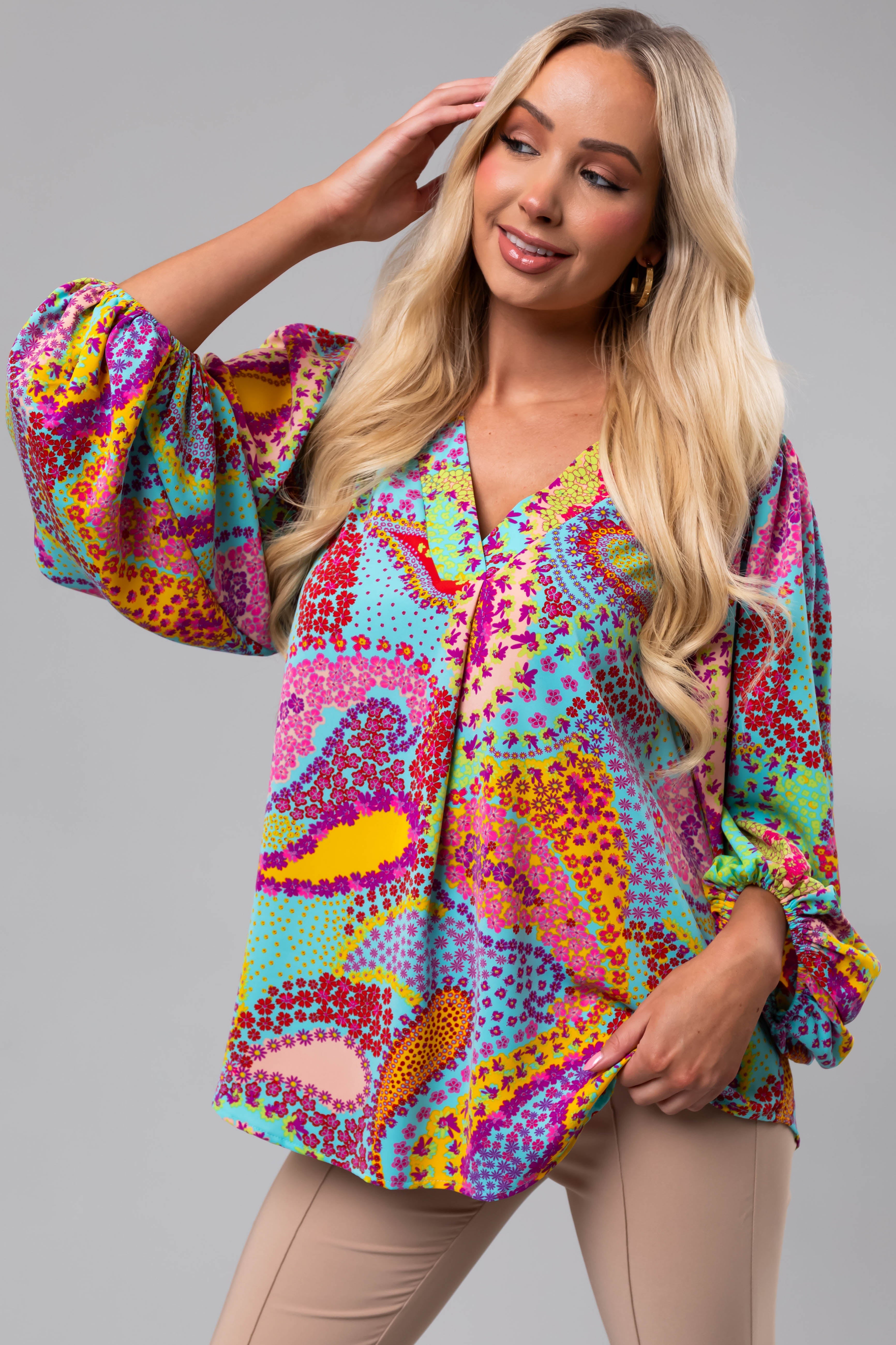 Multicolor Paisley Print Puff Sleeve Blouse