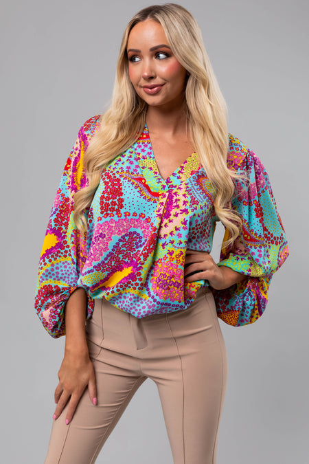 Multicolor Paisley Print Puff Sleeve Blouse