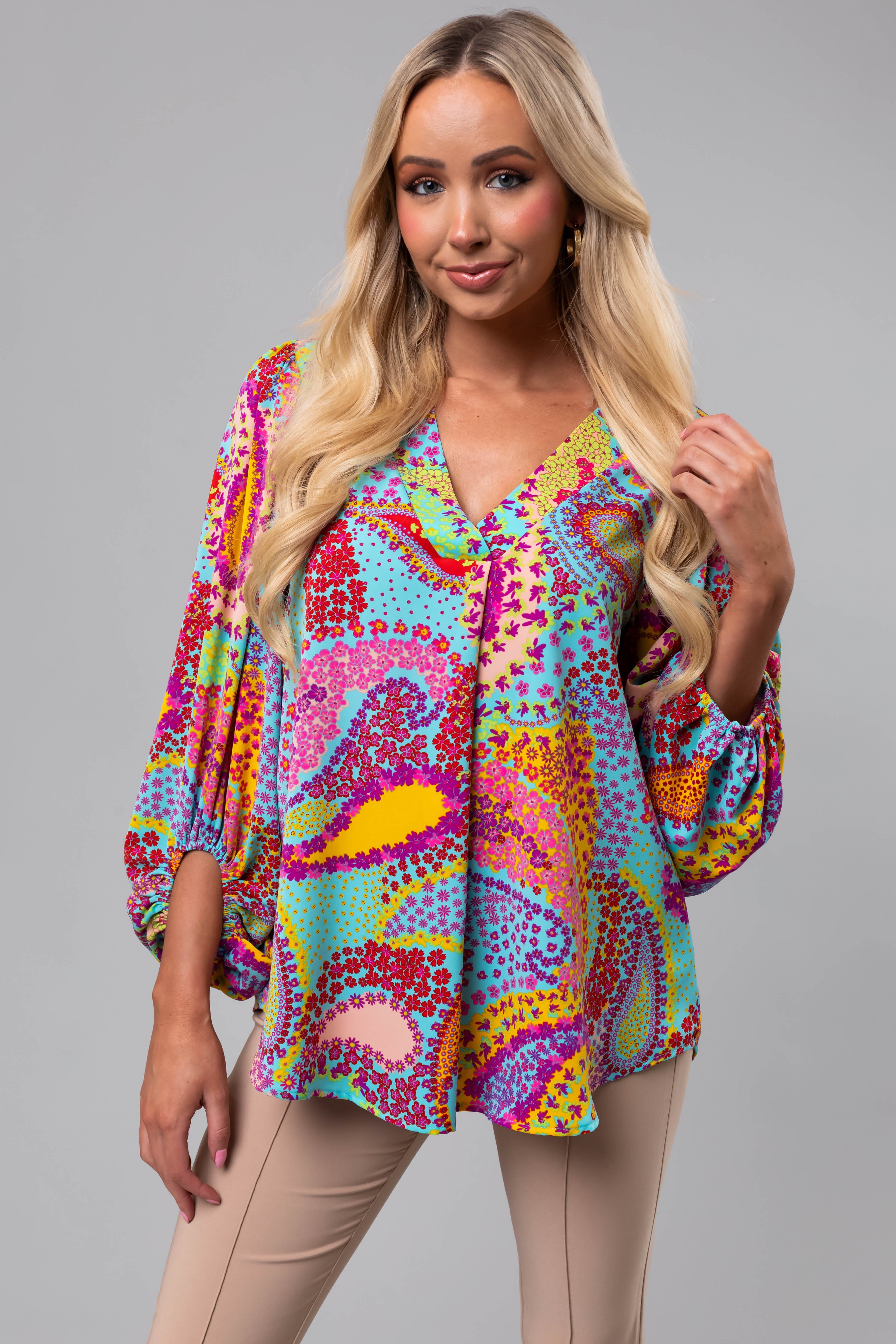 Multicolor Paisley Print Puff Sleeve Blouse