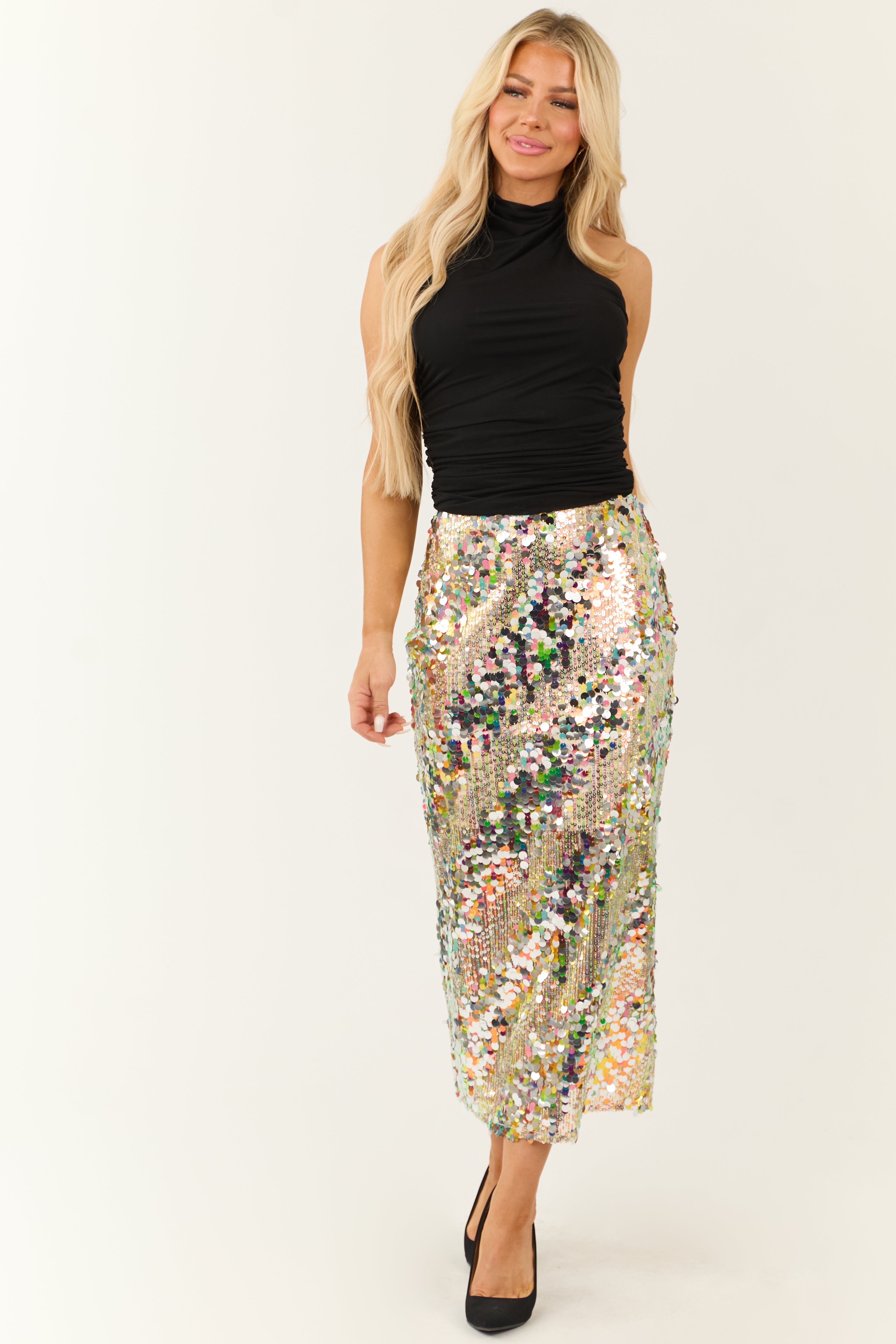 Multicolor Sequin Pencil Midi Skirt