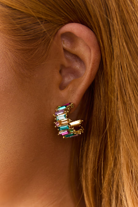 Multicolor Baguette Gemstone C Hoop Earrings