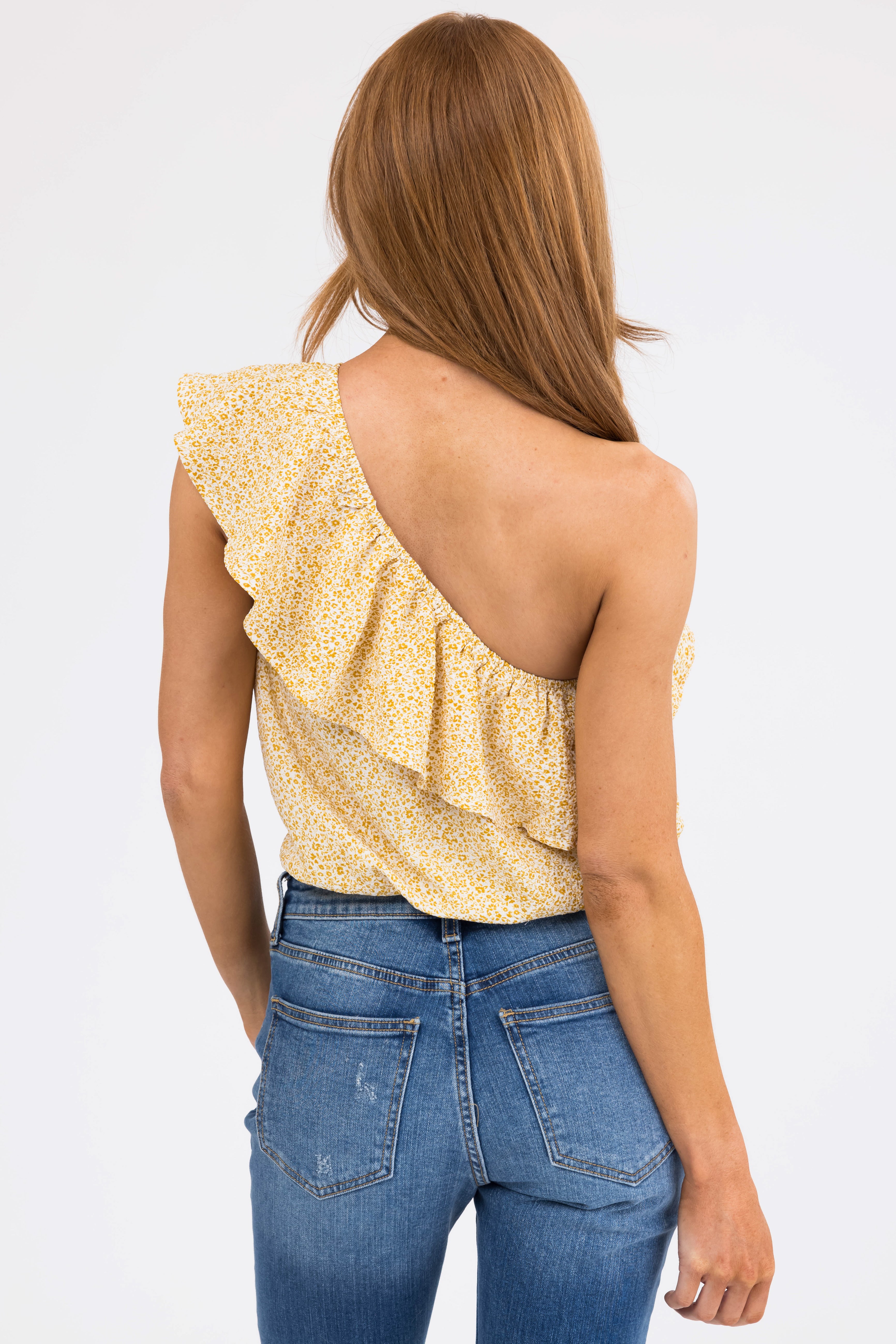 Mustard Ditsy Floral Ruffle One Shoulder Bodysuit