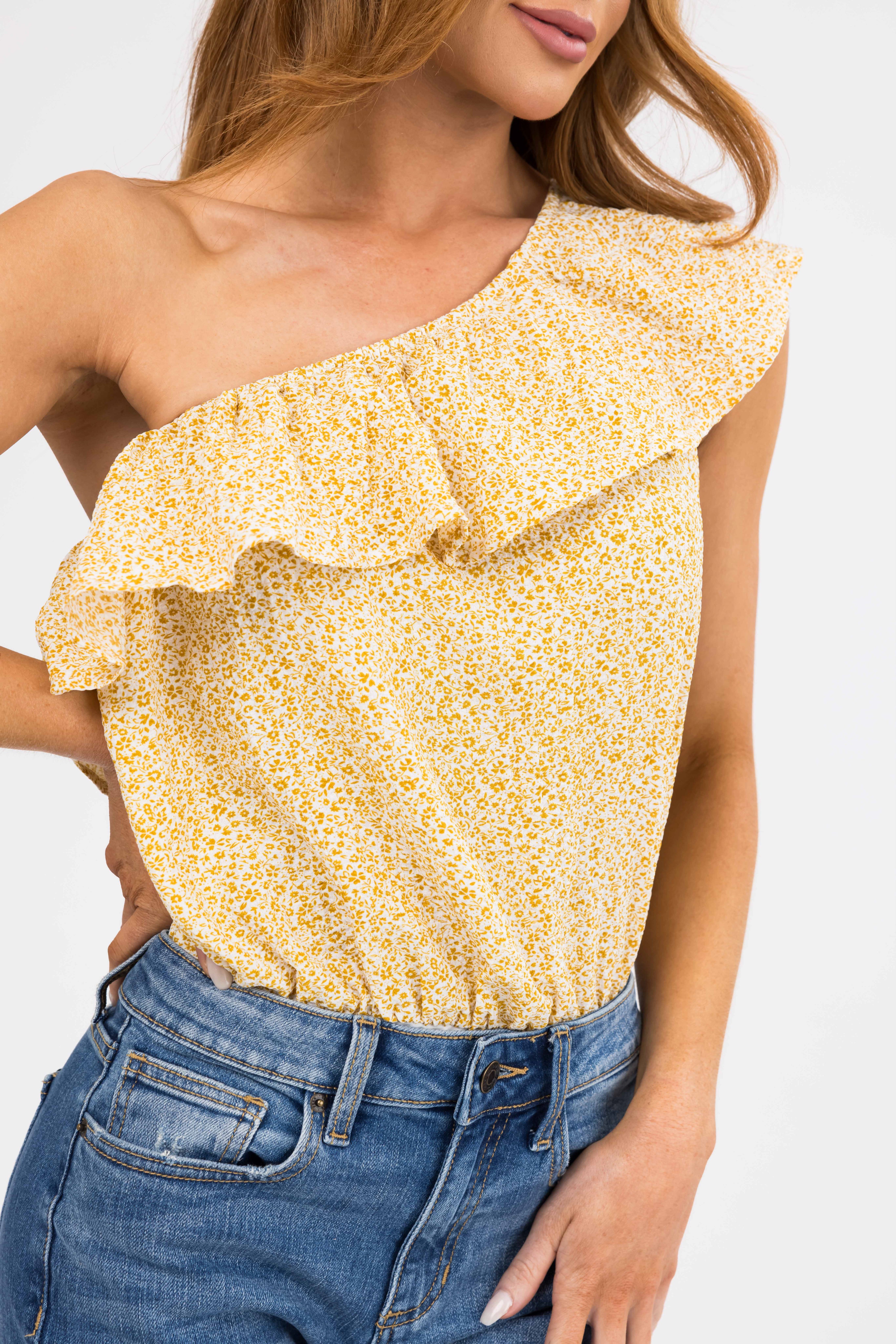 Mustard Ditsy Floral Ruffle One Shoulder Bodysuit