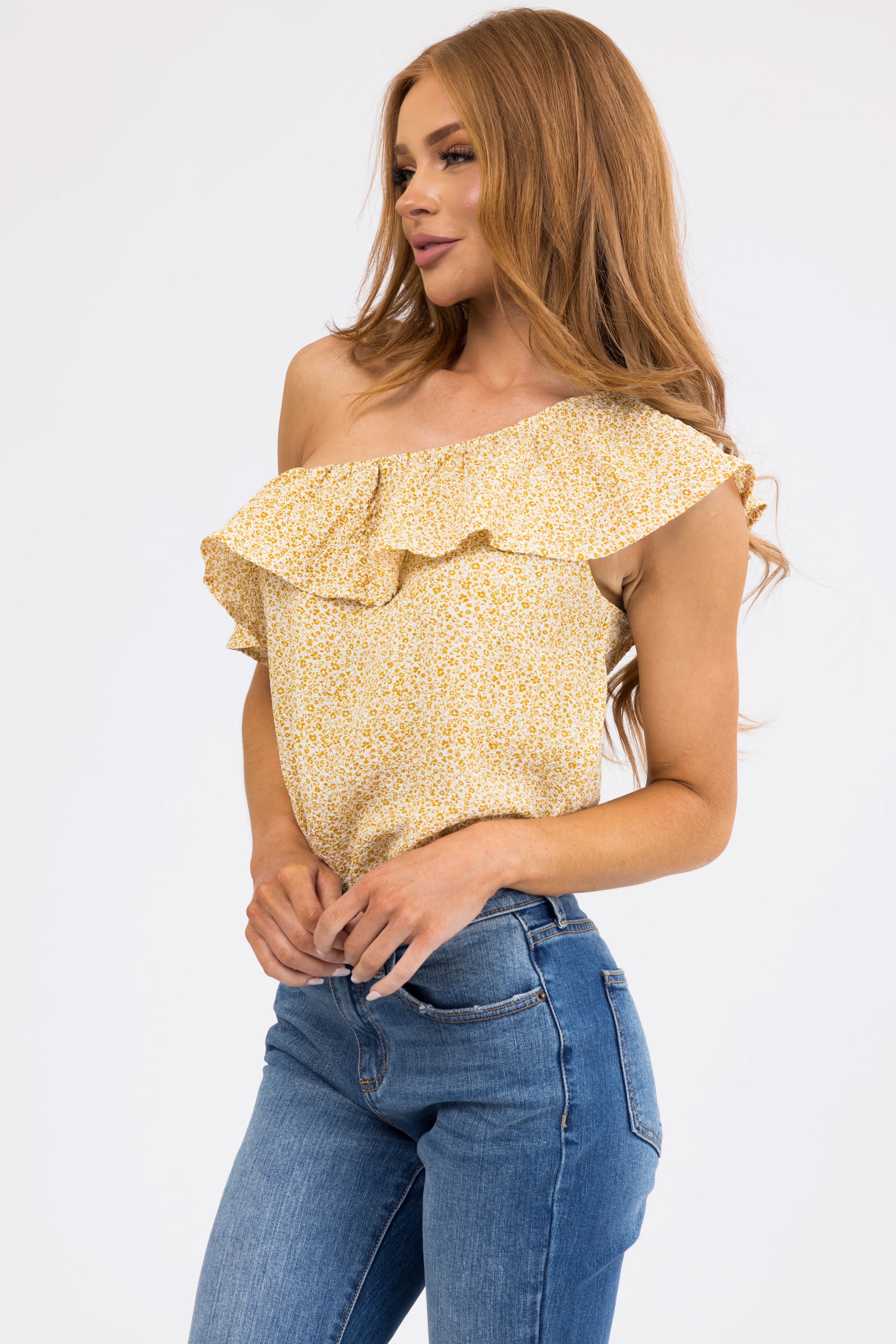 Mustard Ditsy Floral Ruffle One Shoulder Bodysuit