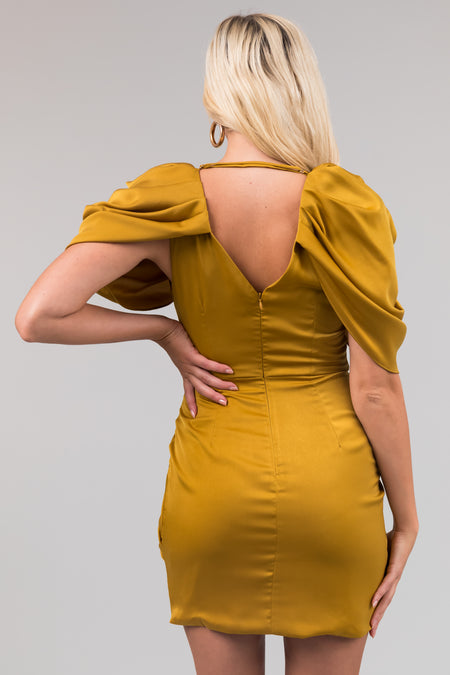 Mustard Draped Sleeve Tulip Hem Satin Mini Dress