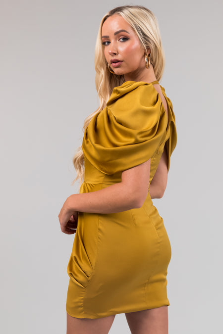 Mustard Draped Sleeve Tulip Hem Satin Mini Dress