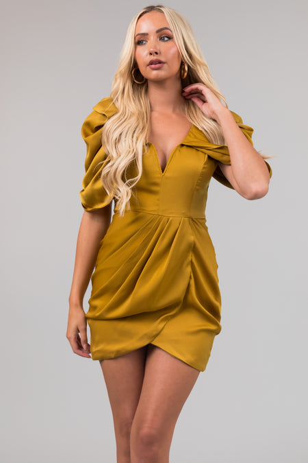 Mustard Draped Sleeve Tulip Hem Satin Mini Dress