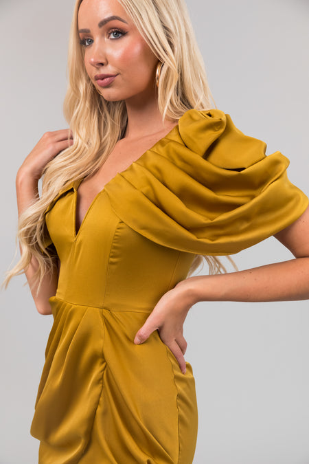 Mustard Draped Sleeve Tulip Hem Satin Mini Dress