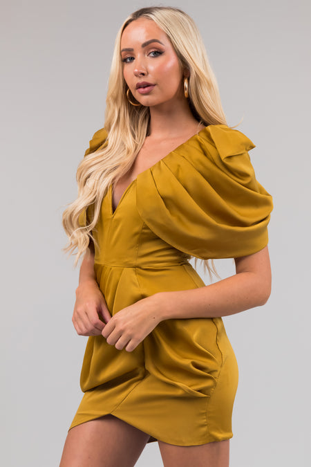 Mustard Draped Sleeve Tulip Hem Satin Mini Dress