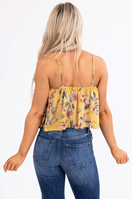 Mustard Floral Print Halter Sleeveless Top