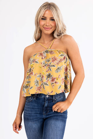 Mustard Floral Print Halter Sleeveless Top