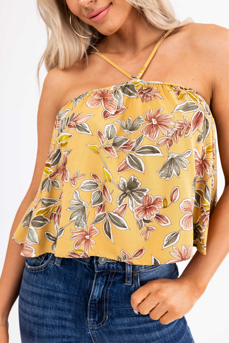 Mustard Floral Print Halter Sleeveless Top