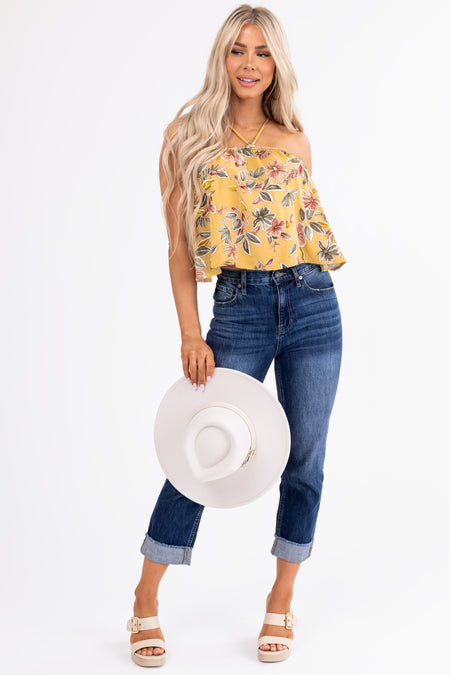 Mustard Floral Print Halter Sleeveless Top