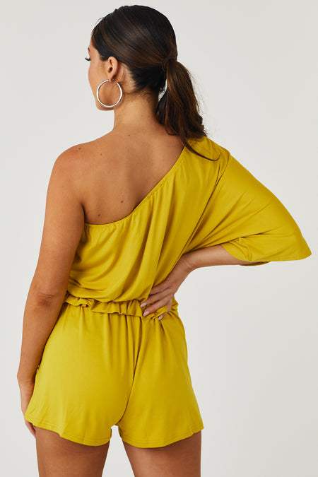 Mustard One Shoulder Waist Tie Romper