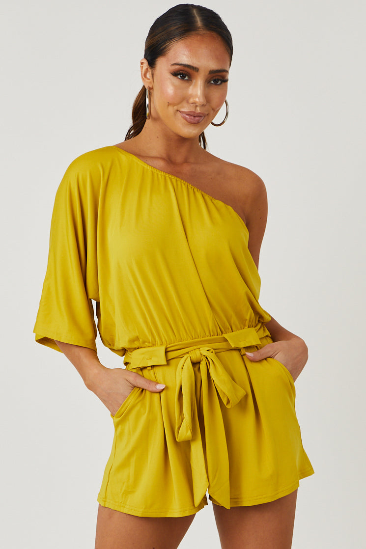 Mustard One Shoulder Waist Tie Romper