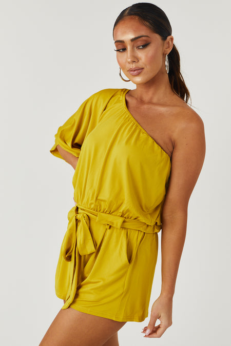 Mustard One Shoulder Waist Tie Romper