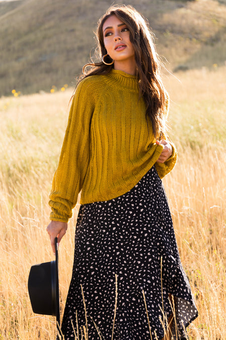 Mustard Ribbed High Neck Raglan Sweater