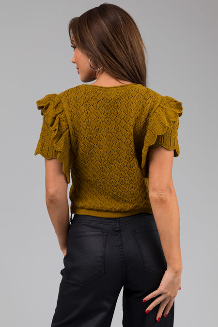 Mustard Ruffle Sleeve Crochet Knit Crop Top